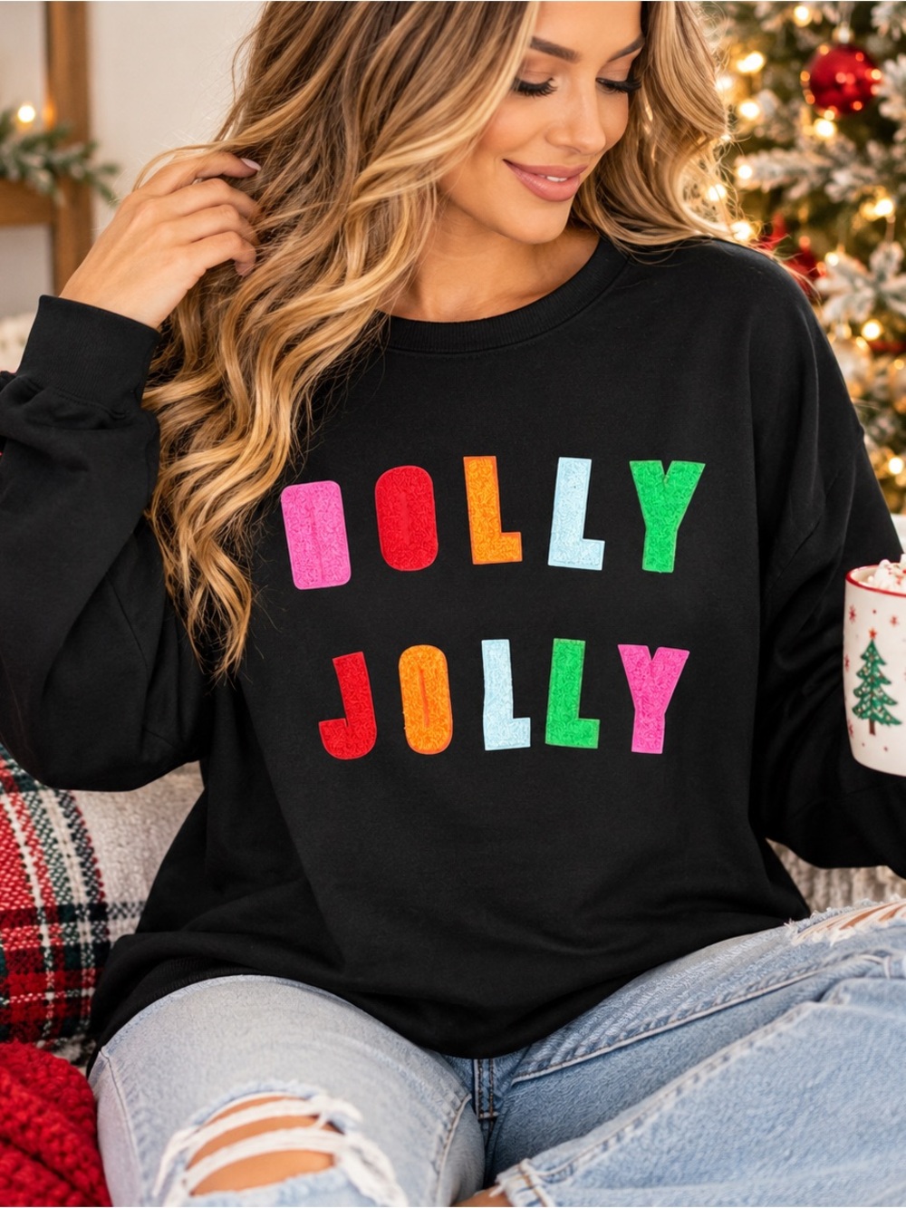 Holly Jolly Christmas Sweatshirt XL Black Colorful Chenille Holiday